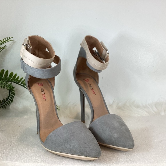 JUSTFAB DOUBLE ANKLE STRAP STILETTO POINT TOE HEELS GREY SZ 7.5 - Picture 4 of 10
